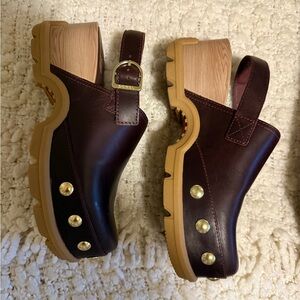 Sorel Burgundy Leather Mules with Gold Accents